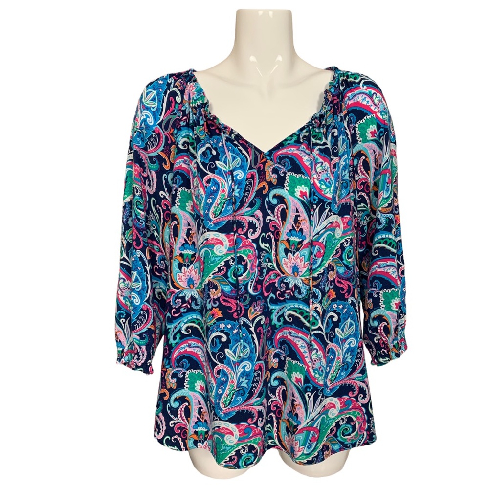 Talbots Paisley Design Gathered Tie Neck and Cuffs Rayon Blouse Large